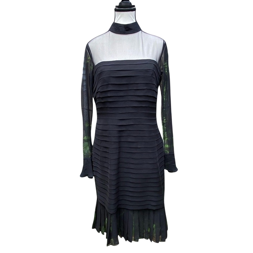 Roland Nivelais Women Silk Tiered Cocktail Dress Size 12 Black Sheer Long Sleeve